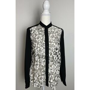 Jones New York Blouse sz 6 Black Lace Floral Front Sheer Button Up Long Sleeve